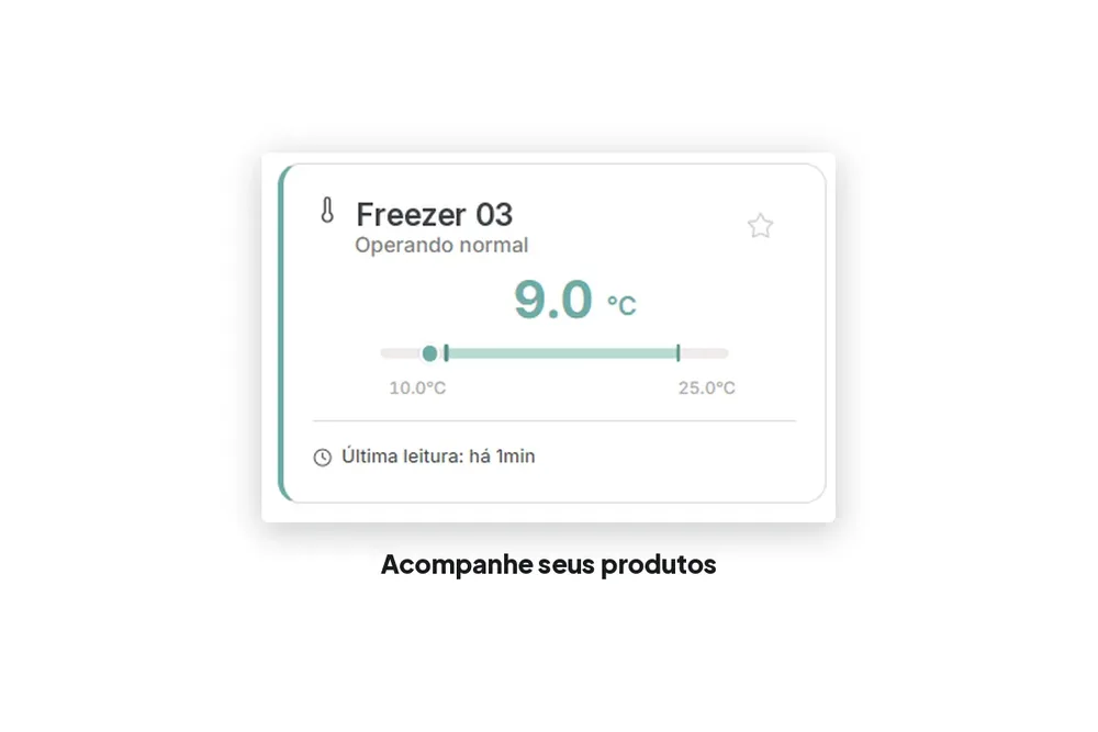Cartão do app SyOS com o status de temperatura de um freezer e a hora da última leitura