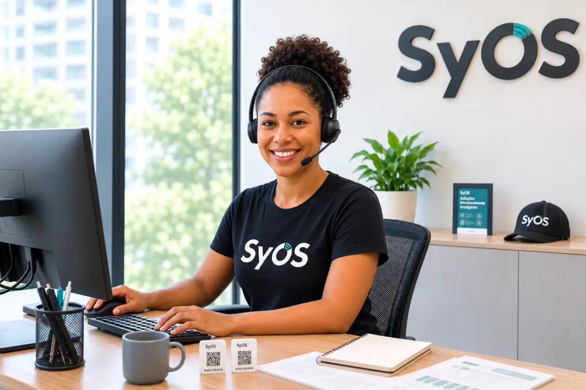 Especialista da SyOS de headset no escritório, com dois sensores SyOS Easy sobre a mesa