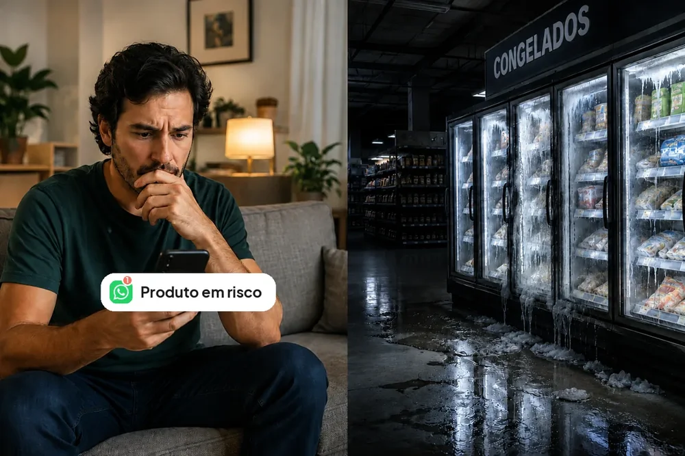 Homem recebendo alerta de produto em risco no WhatsApp, ao lado de freezers de supermercado descongelando