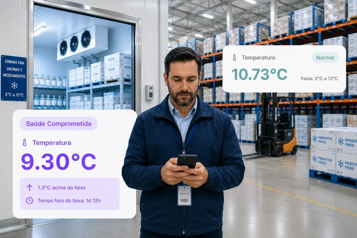 Supervisor conferindo no celular a temperatura de uma câmara fria de vacinas, com cartões de status e de desvio