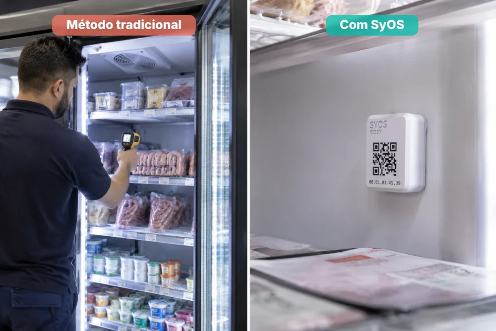 Dois quadros: no método tradicional, medição com termômetro de pistola e planilhas; com a SyOS, o sensor mede e o alarme chega no celular