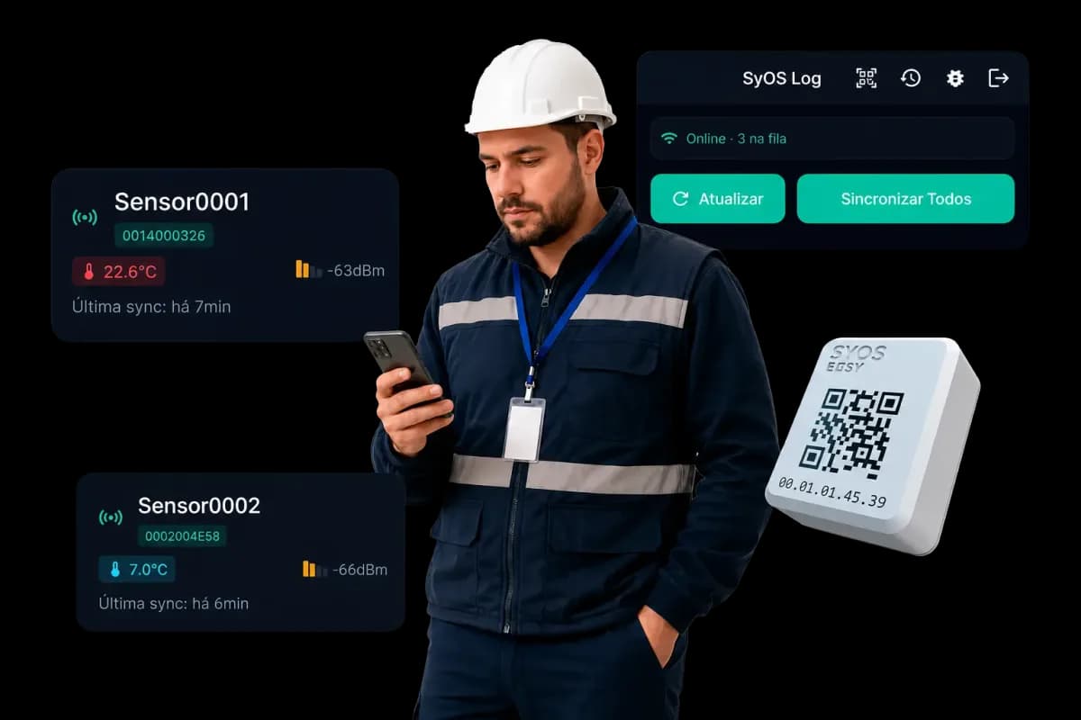 Operador de capacete usando o app SyOS Log no celular, com os cartões de dois sensores e o painel de sincronização ao lado