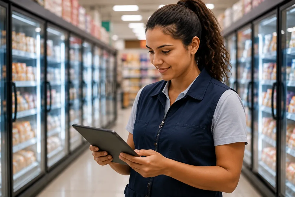 Gerente de supermercado usa um tablet em corredor de congelados