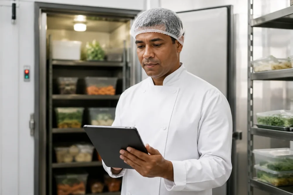 Responsável de cozinha industrial com touca usa um tablet diante de câmara fria de food service