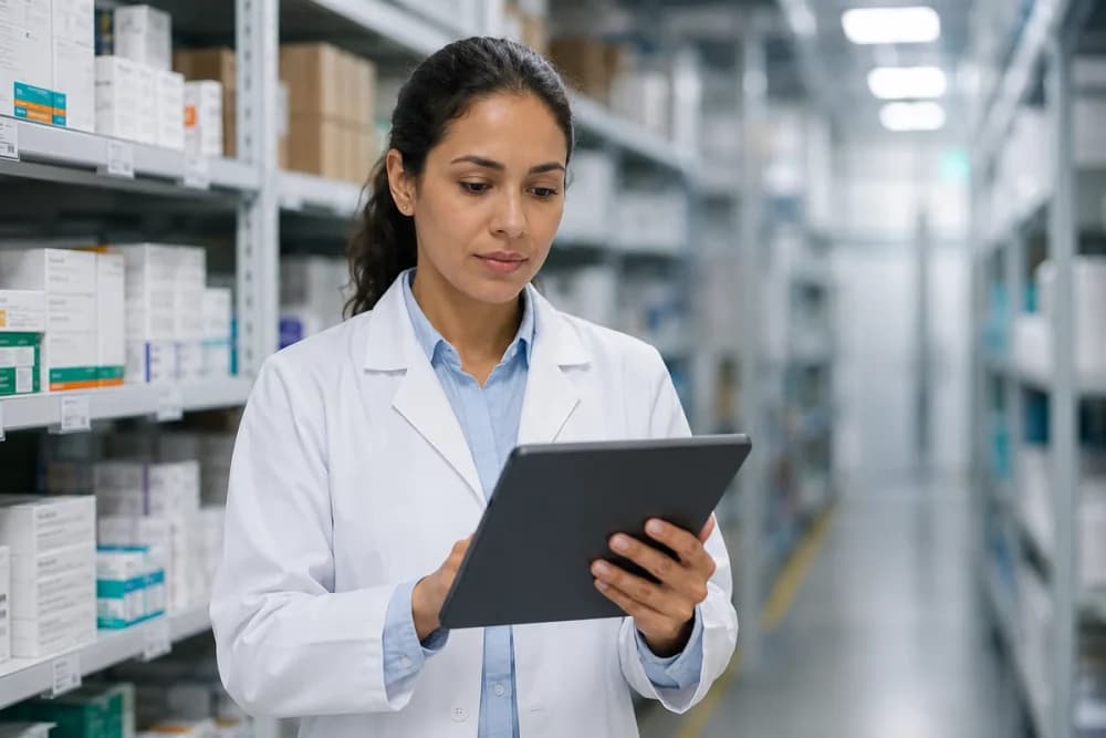 Responsável técnico usa um tablet em corredor de estoque climatizado de distribuidora farmacêutica
