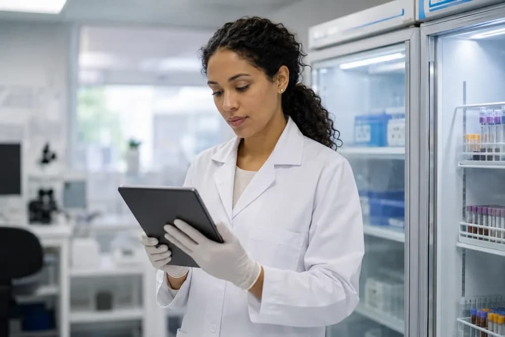 Biomédica de jaleco e luvas usa um tablet ao lado de equipamento refrigerado de amostras em laboratório