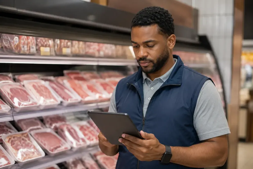 Repositor de supermercado com tablet diante de balcão refrigerado de carnes