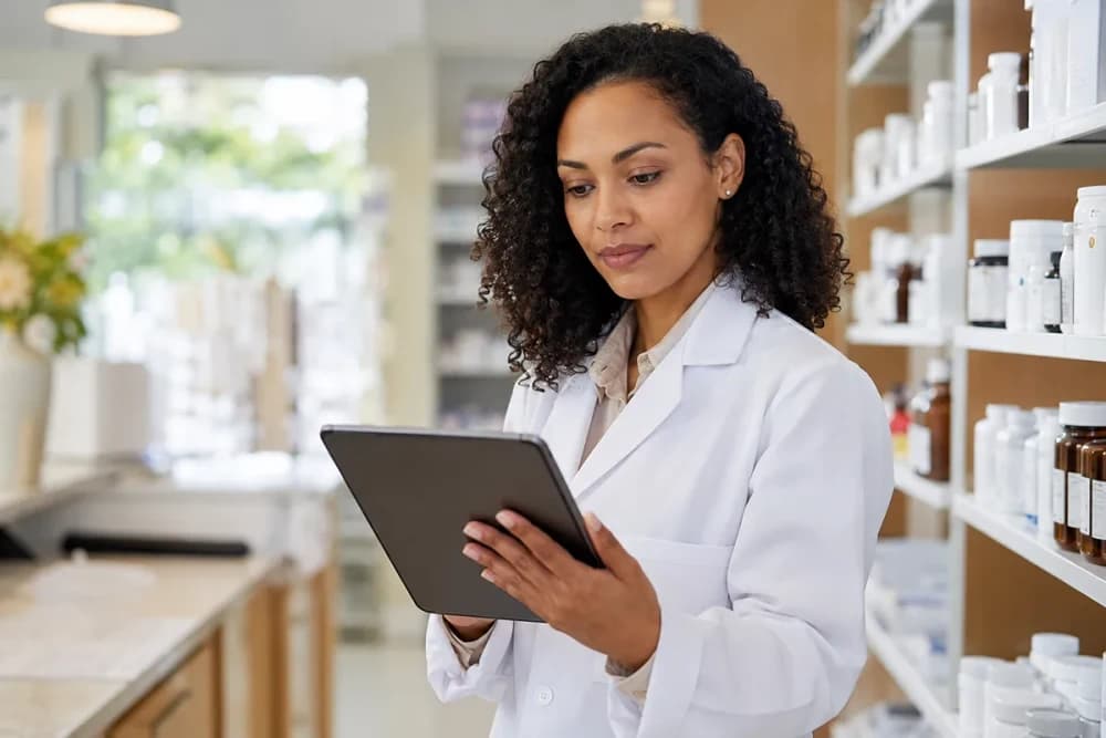 Farmacêutica de jaleco branco consulta um tablet ao lado de prateleiras de medicamentos