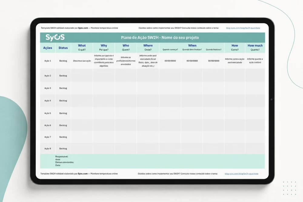 Material Modelo 5W2H editável em Excel aberto na tela de um tablet