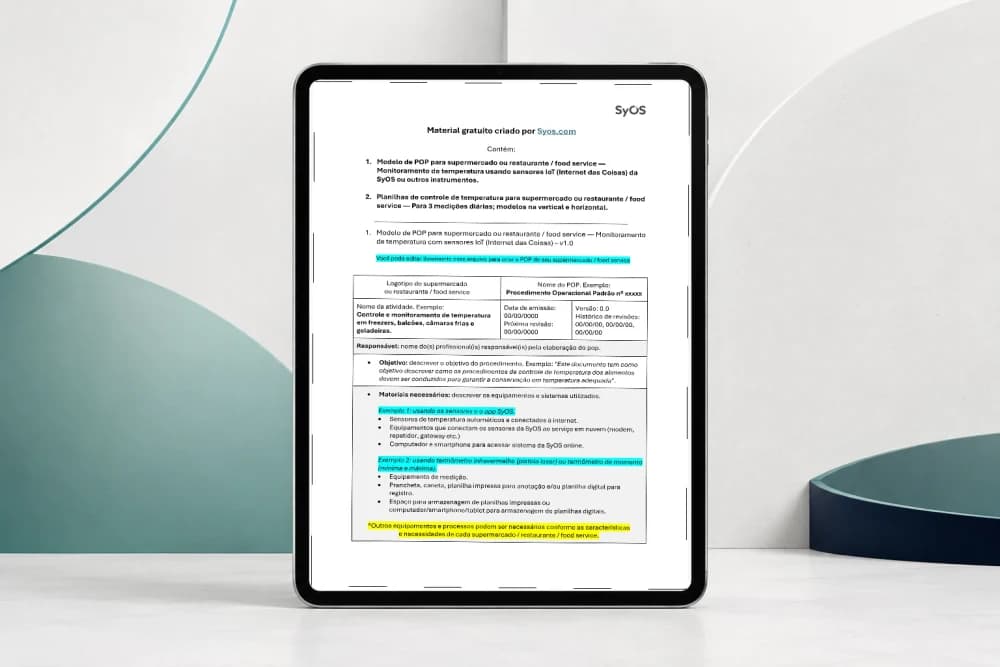 Material POP + Planilha de temperatura para supermercado, food service e UAN aberto na tela de um tablet