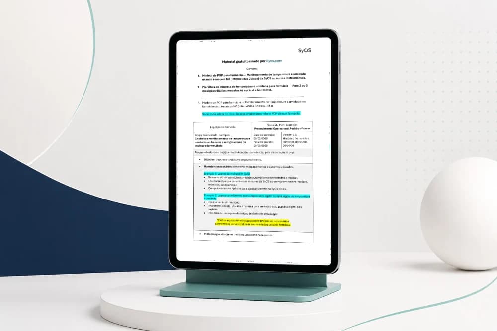 Material POP farmácia em PDF + Planilha de controle de temperatura aberto na tela de um tablet
