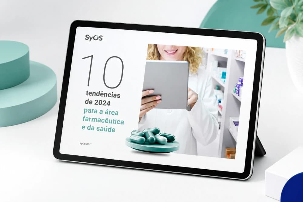 Material 10 tendências de 2024 para a área Farmacêutica e da Saúde aberto na tela de um tablet