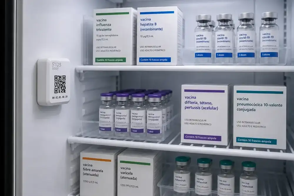 Sensor SyOS Easy instalado em geladeira de vacinas, ao lado de caixas de influenza, hepatite B e covid-19