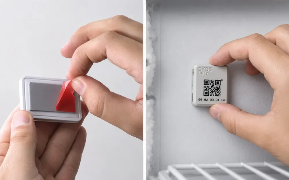Sensor SyOS Easy tendo a fita adesiva removida e sendo fixado na parede de um freezer