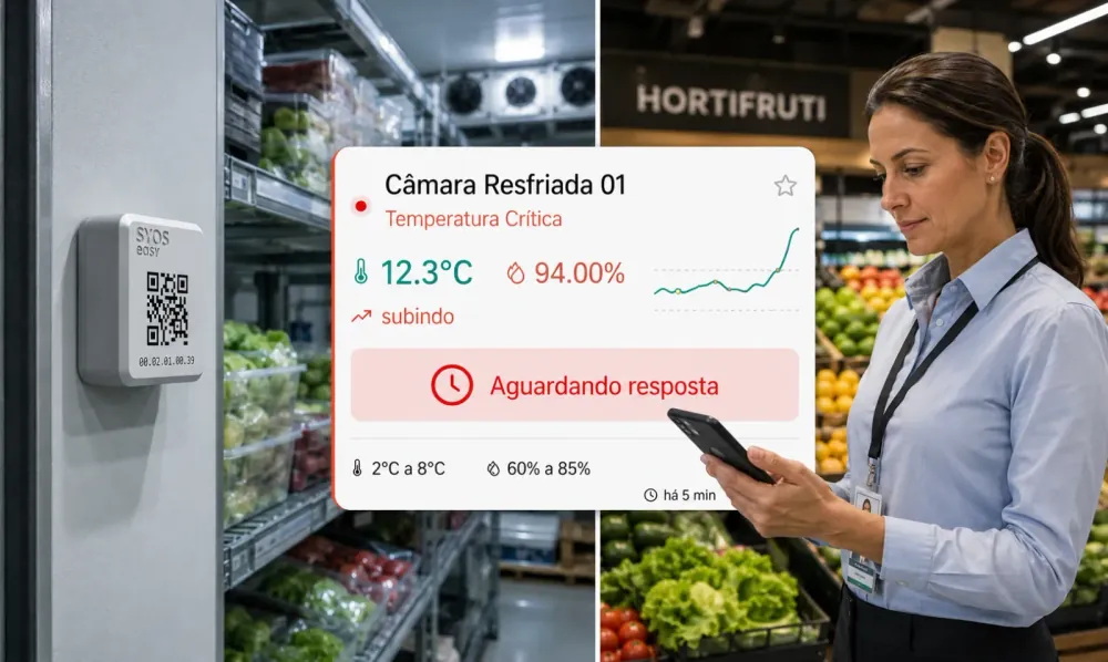 Encarregada de hortifrúti recebendo no celular o alarme de temperatura crítica de uma câmara resfriada