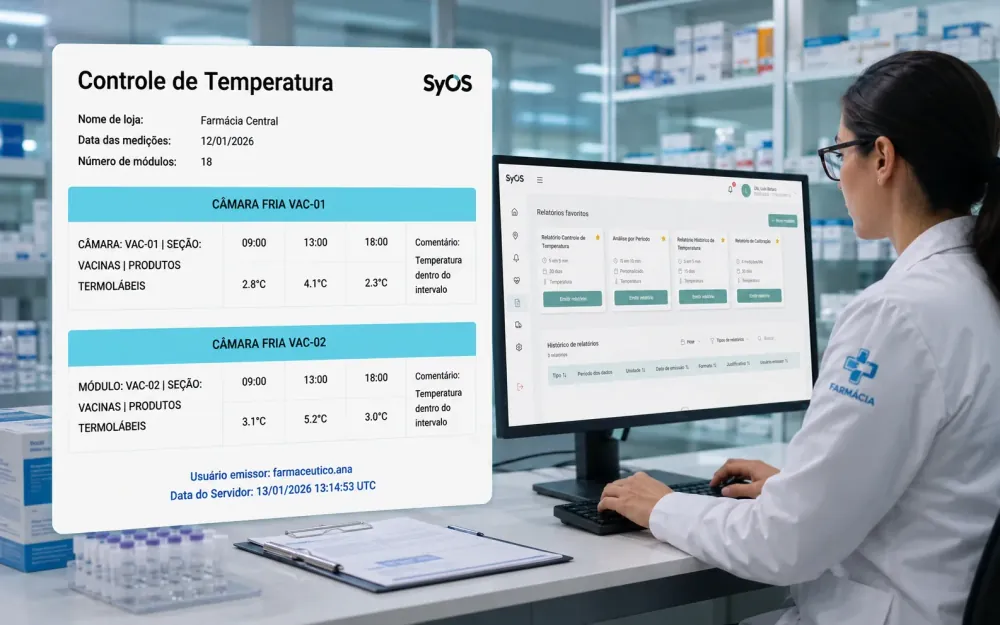 Farmacêutica emitindo na plataforma SyOS o relatório de controle de temperatura das câmaras de vacinas