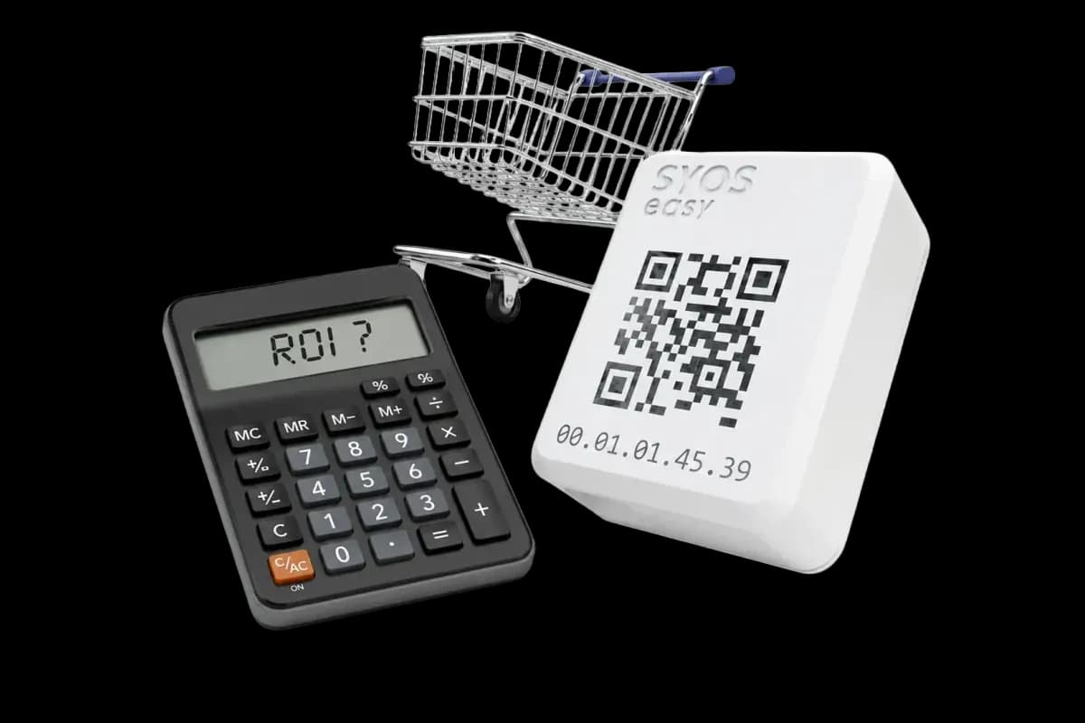 Ilustração de um carrinho de supermercado, uma calculadora com "ROI?" no visor e um sensor SyOS Easy
