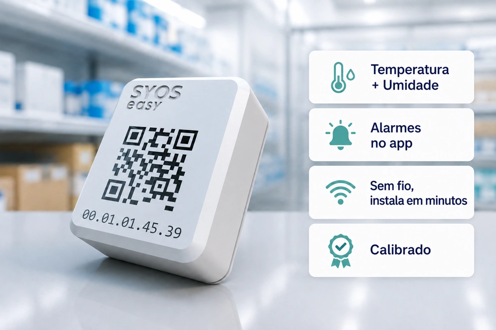 Sensor SyOS Easy e o painel do sistema em estado crítico: 10,45 °C na faixa de 2 a 8 °C, com o gráfico acima do limite
