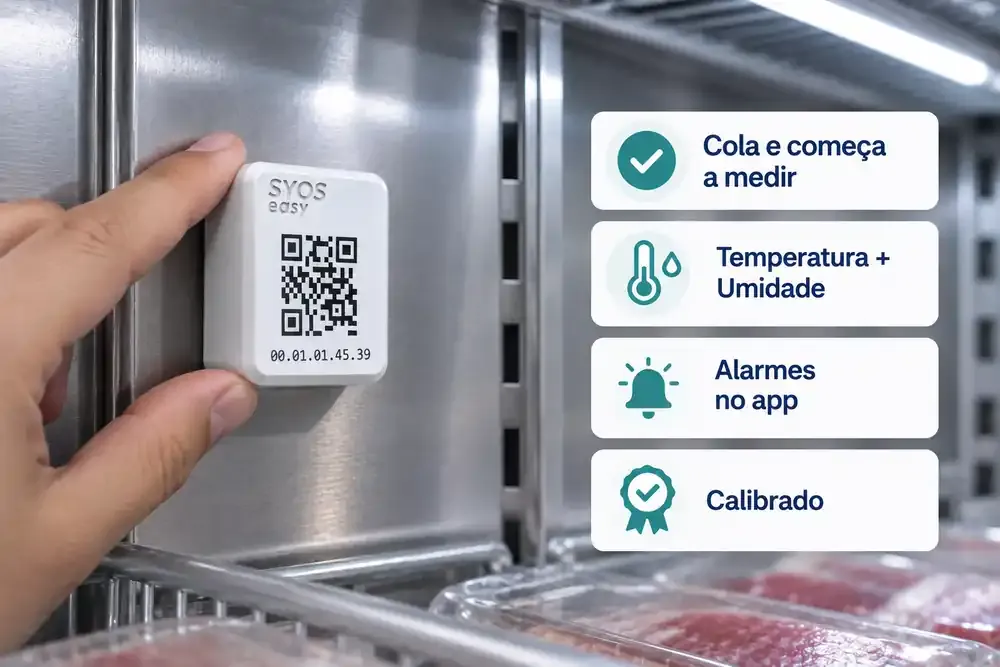 Três quadros: o sensor sendo colado dentro do equipamento, o alarme de temperatura no celular e o relatório pronto