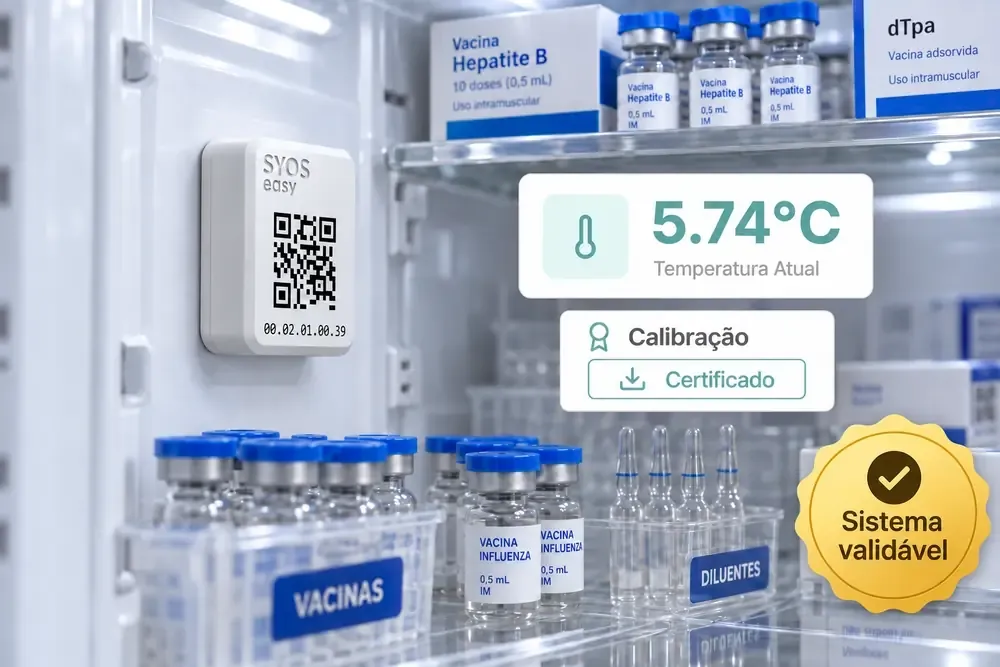 Sensor SyOS na câmara de vacinas, com temperatura e certificado de calibração na tela, e a qualidade acompanhando o histórico de 24 h