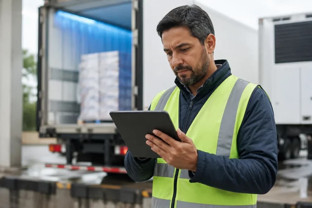 Responsável logístico com colete de segurança usa um tablet em doca de carga, ao lado de baú refrigerado