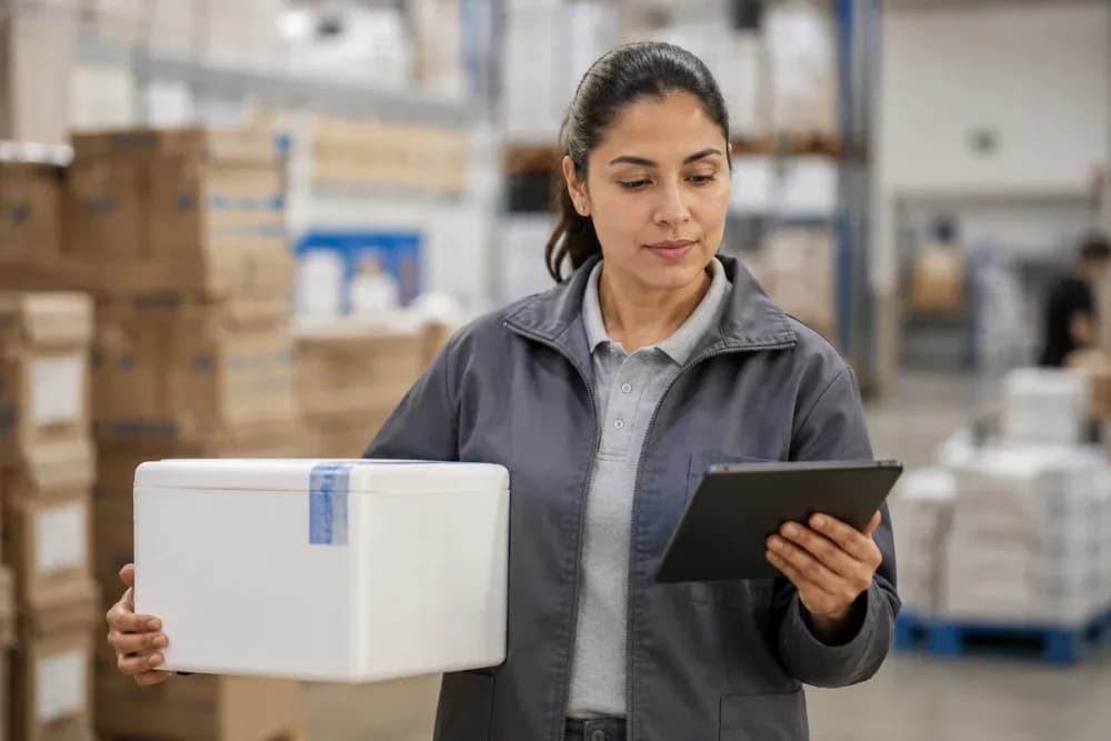 Profissional de logística confere caixa térmica lacrada em centro de distribuição, com tablet na mão