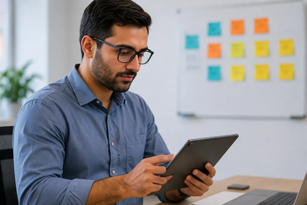 Profissional de qualidade usa um tablet em escritório, com quadro de post-its desfocado ao fundo
