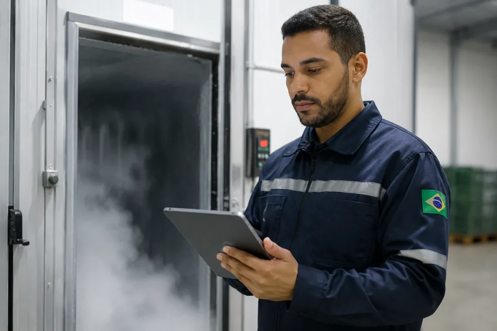 Técnico de manutenção usa um tablet diante de uma câmara fria aberta
