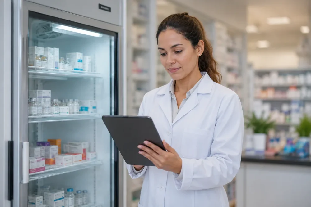 Farmacêutico com tablet ao lado de um refrigerador de vacinas em farmácia