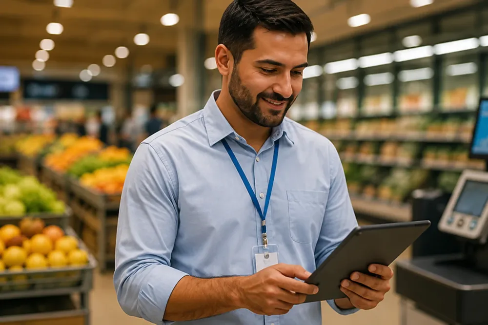 Gestor de varejo usa um tablet em loja de supermercado, com área de hortifrúti ao fundo